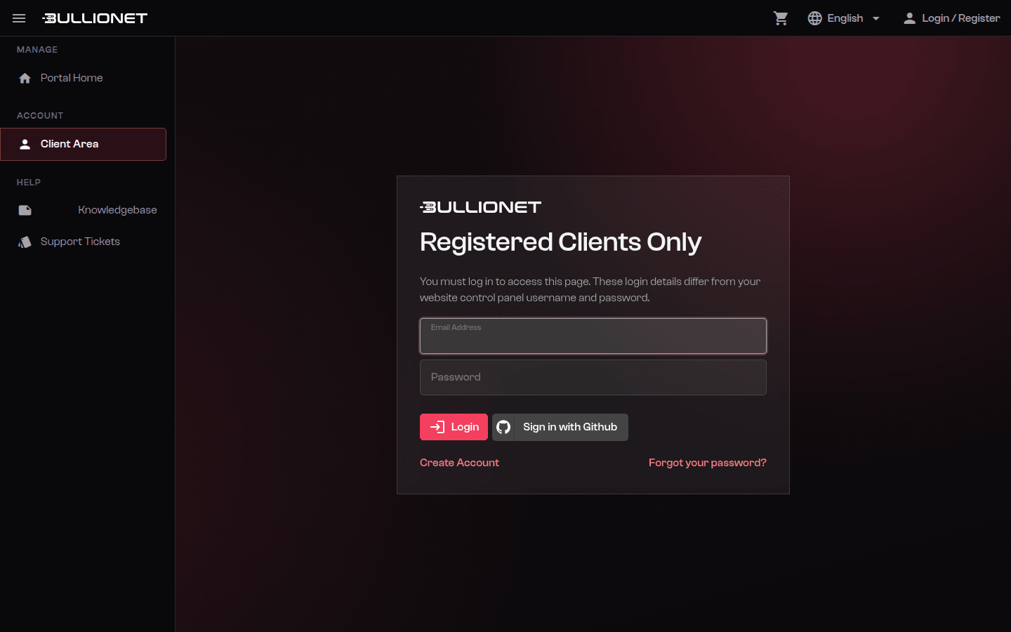 Login page of the client area at eclypse.bullionet.com
