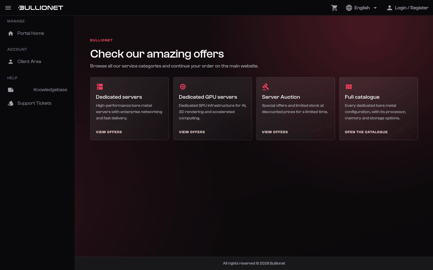 Catalogue page of the client panel