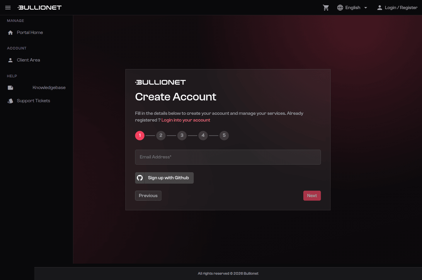 Signup form of the client area